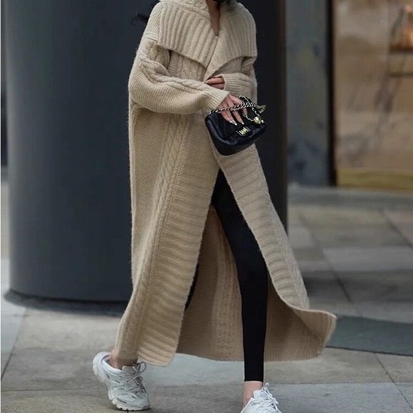 533 Beige Tan Cardigan Coat Maxi Open Duster Long Fuzzy Comfortable sweater - Picture 7 of 10